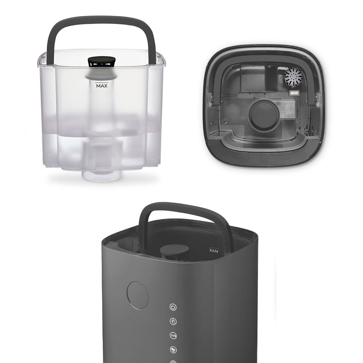Clean Air Optima CA-605 Luftbefeuchter: abnehmbarer Wassertank mit MAX-Markierung, Bodenansicht und Gesamtansicht in Titan