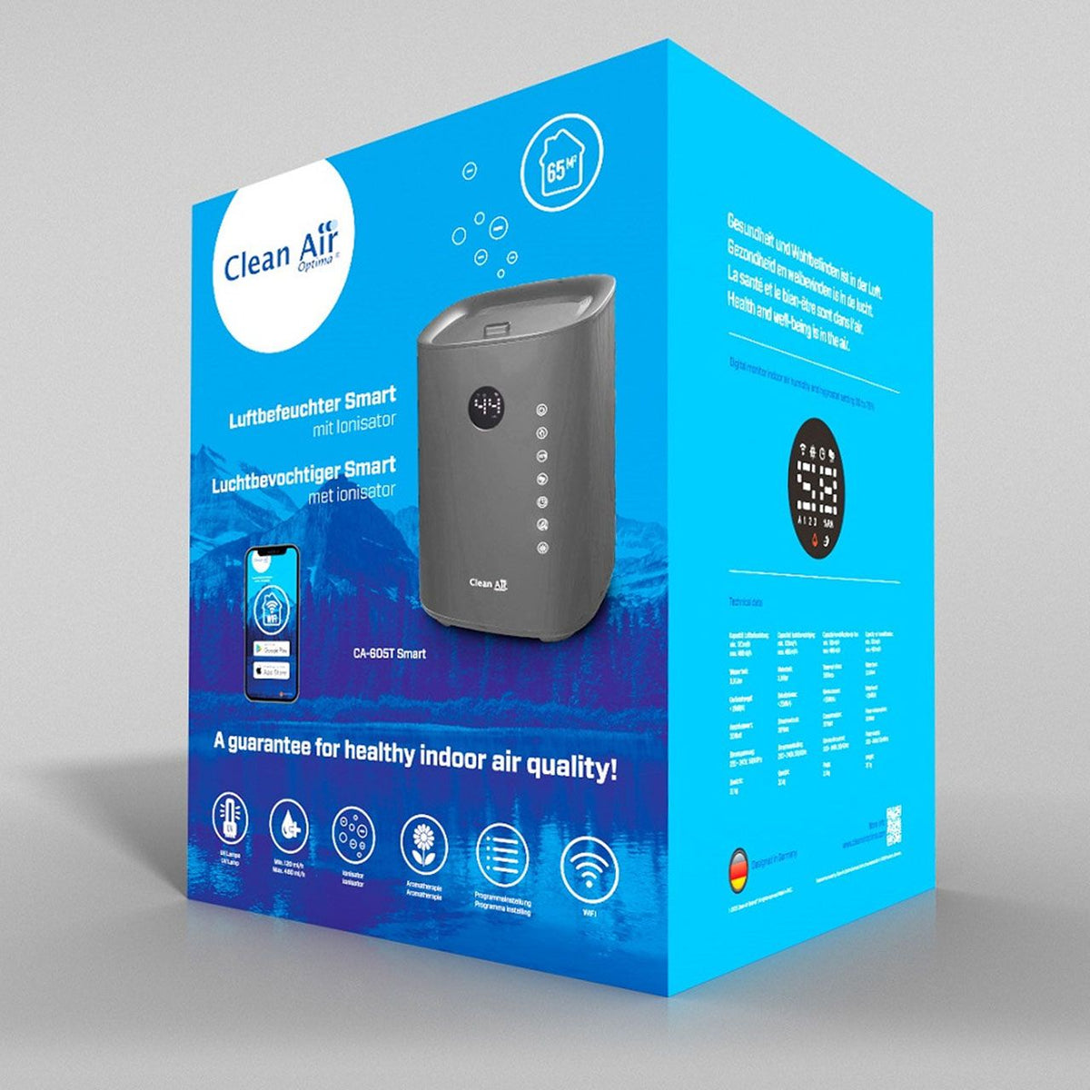 Verpackung des Clean Air Optima CA-605 Smart Luftbefeuchters, blau mit Produktabbildung in Titan