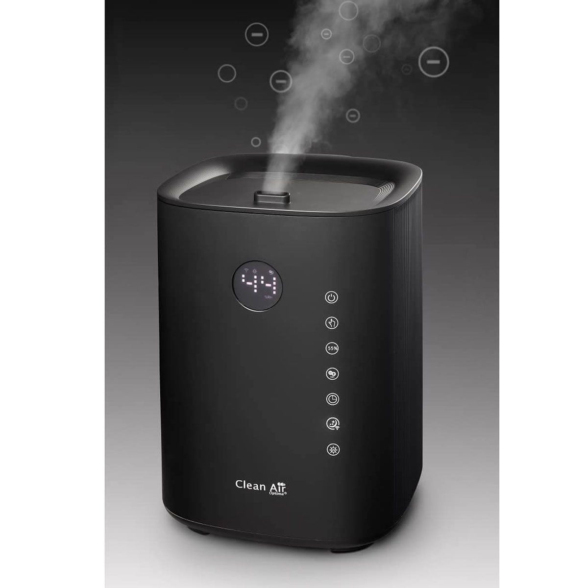 Clean Air Optima CA-605 Smart Luftbefeuchter in Schwarz, aufsteigender Dampf mit Bedienfeld und Display
