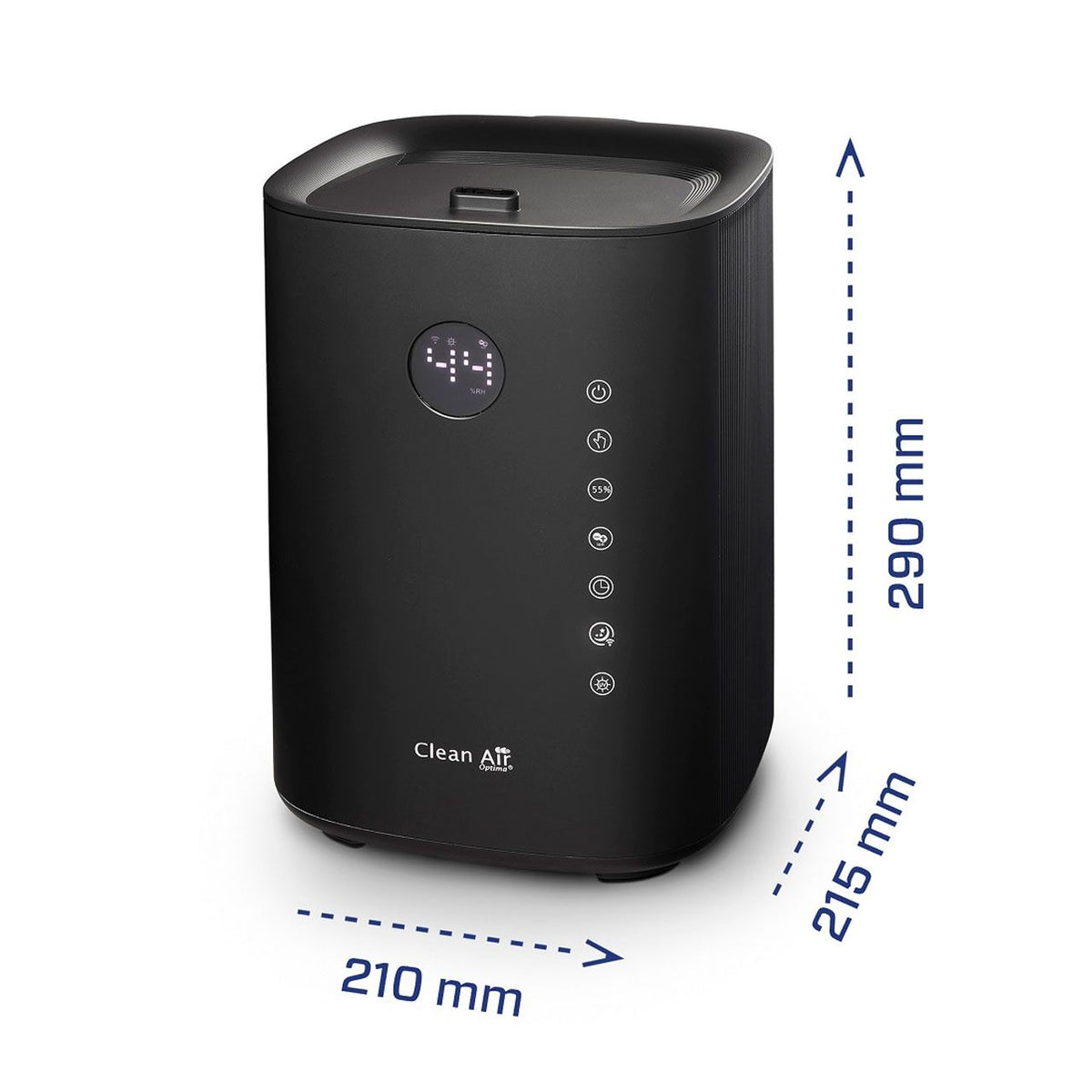 Clean Air Optima CA-604 Luftbefeuchter in Schwarz mit Maßangaben: 290 mm Höhe, 215 x 210 mm Grundfläche