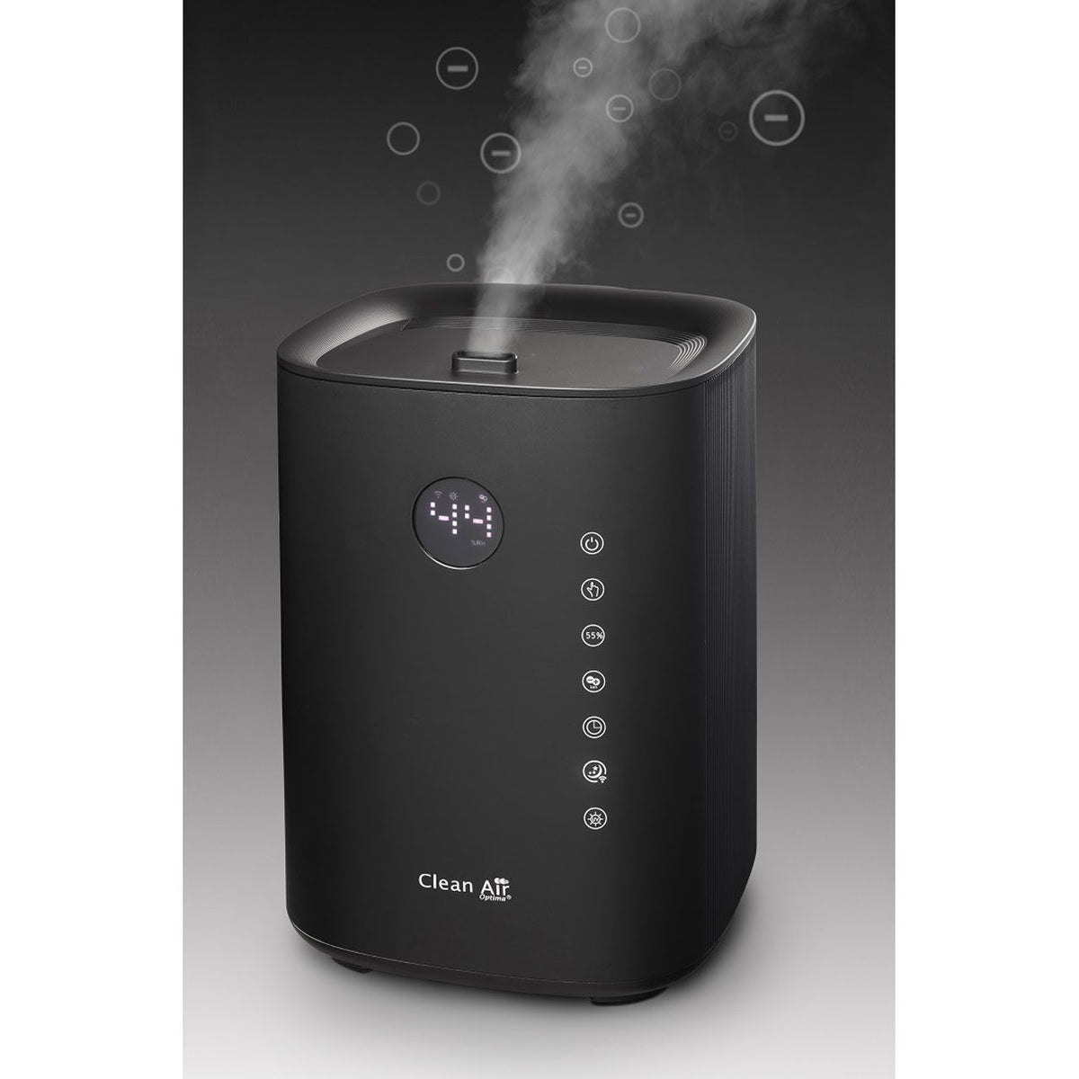 Clean Air Optima CA-604 Smart Luftbefeuchter in Schwarz mit aufsteigendem Dampf und Bedienfeld