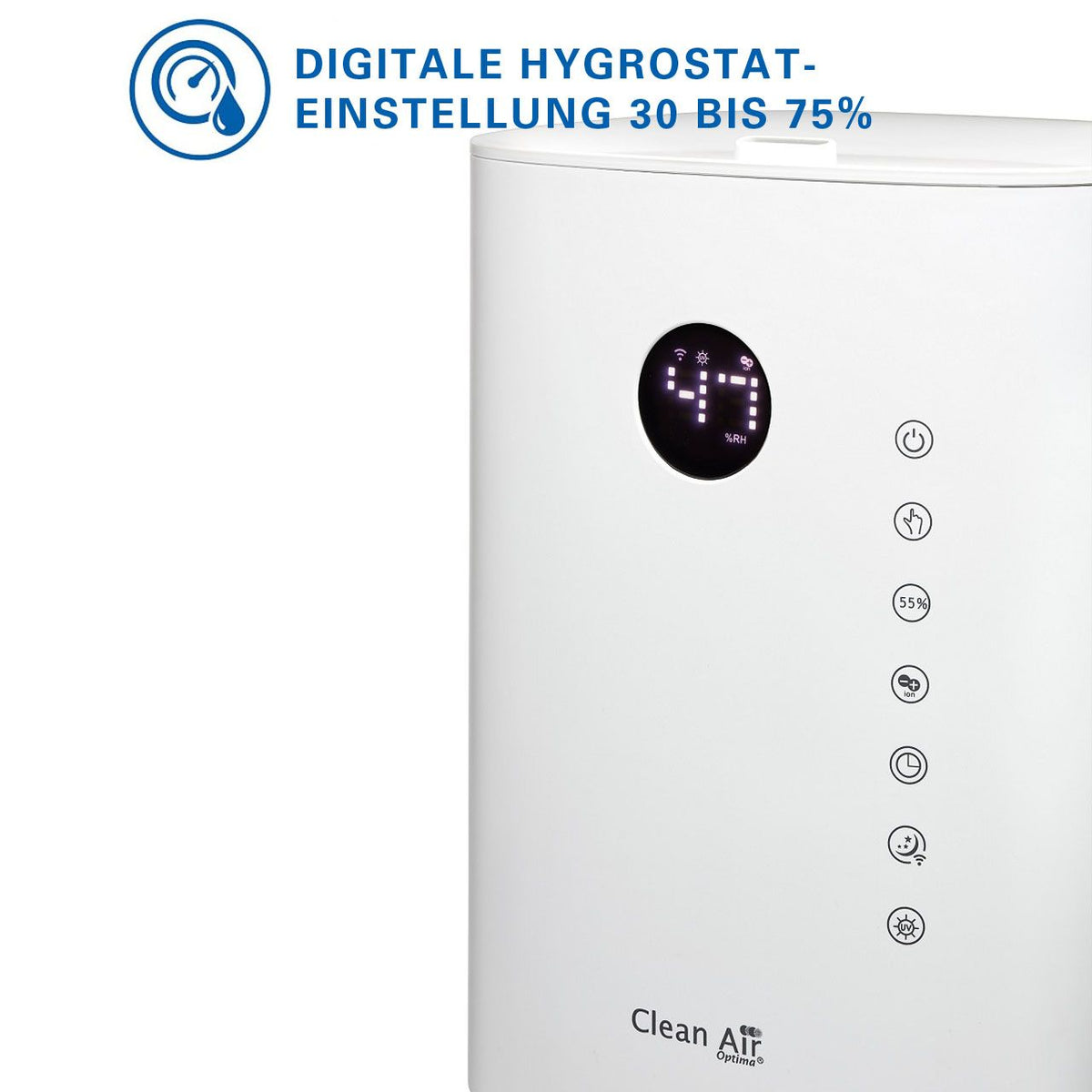 Clean Air Optima CA-604 Luftbefeuchter, weiß, Nahaufnahme des Bedienfelds mit digitaler Hygrostat-Anzeige 47 %RH