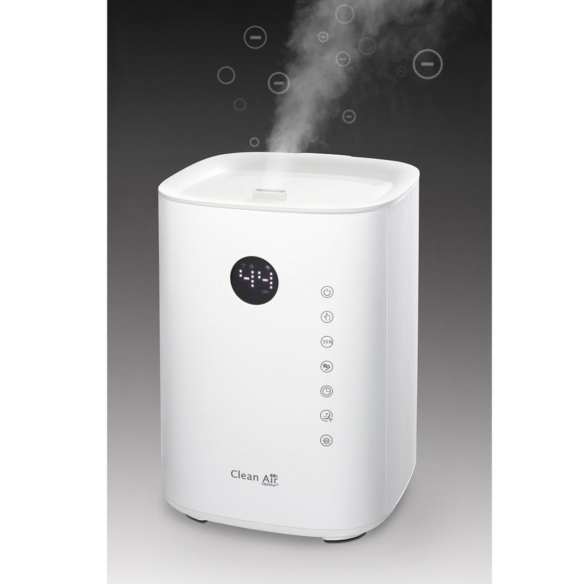Clean Air Optima CA-604 Smart Luftbefeuchter in Weiß mit aufsteigendem Wasserdampf und Bedienfeld