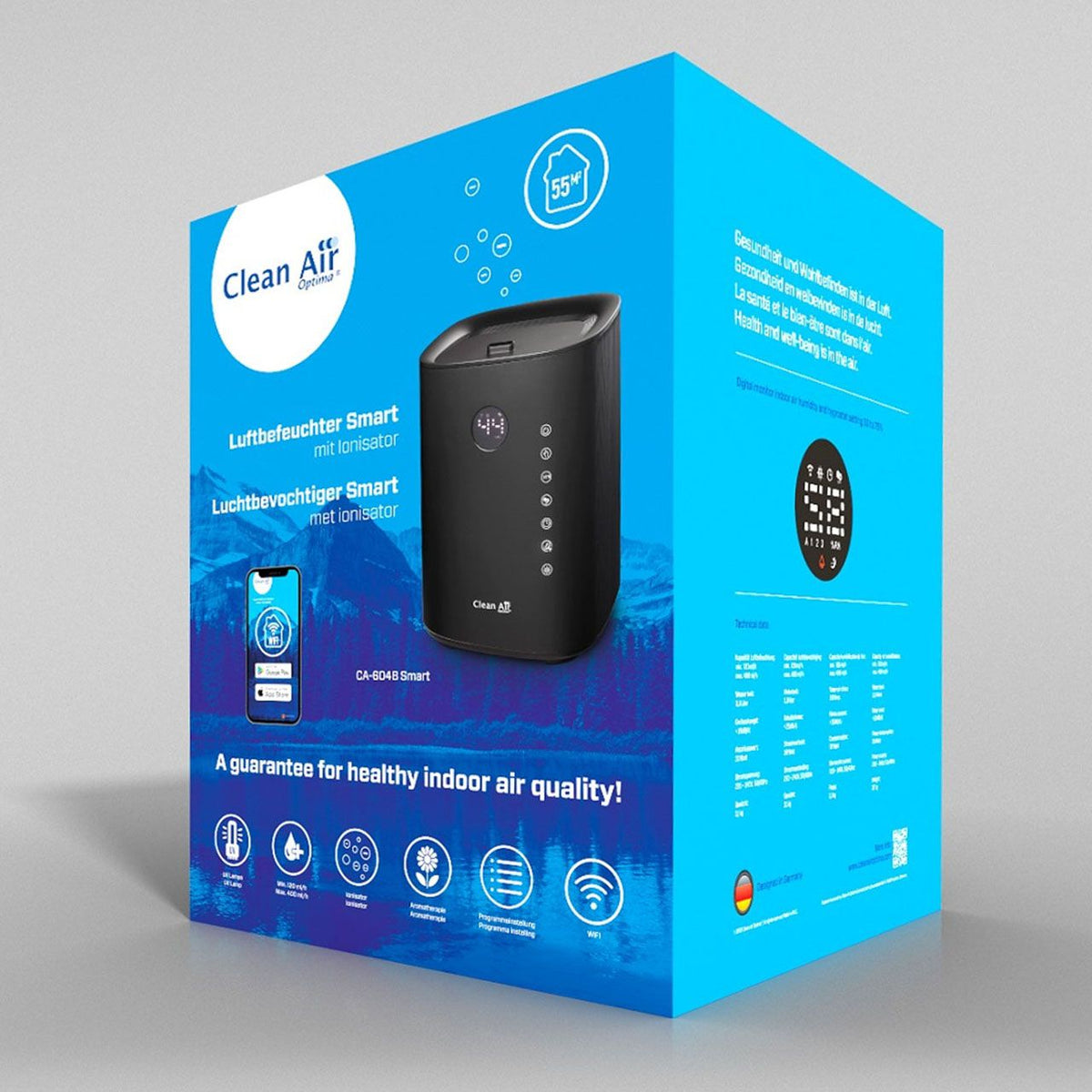 Verpackung des Clean Air Optima CA-604 Smart Luftbefeuchters mit Ionisator in Schwarz, Schrägansicht