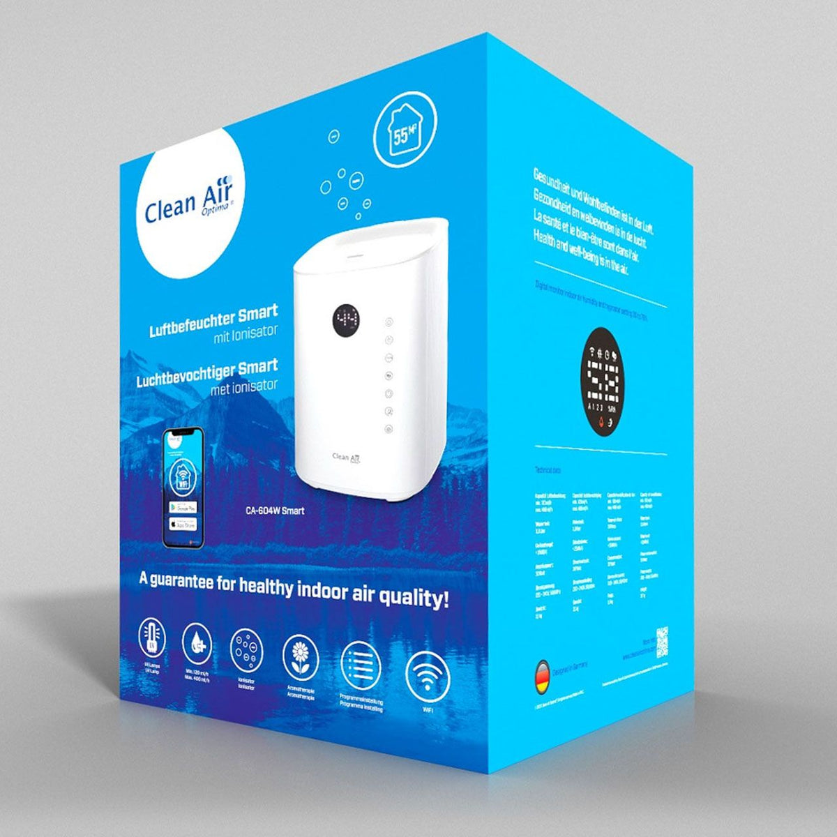 Verpackung des Clean Air Optima CA-604W Smart Luftbefeuchters mit Ionisator, blaues Design mit Symbolleiste
