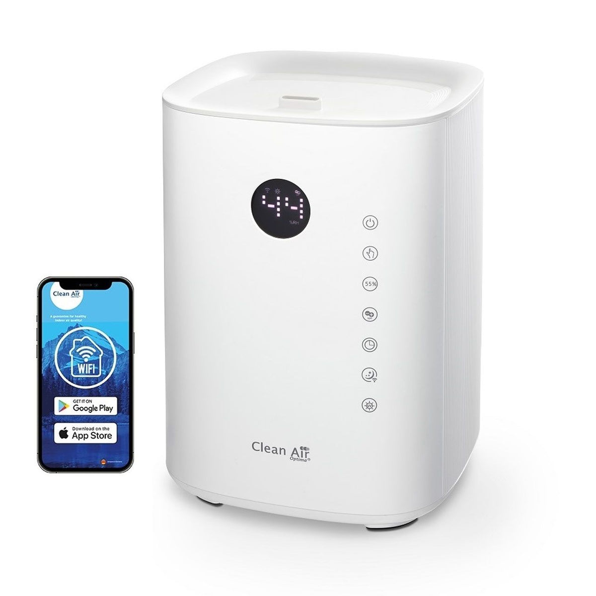 Clean Air Optima CA-604 Smart Luftbefeuchter in Weiß mit Display, daneben Smartphone mit WiFi-App-Symbol