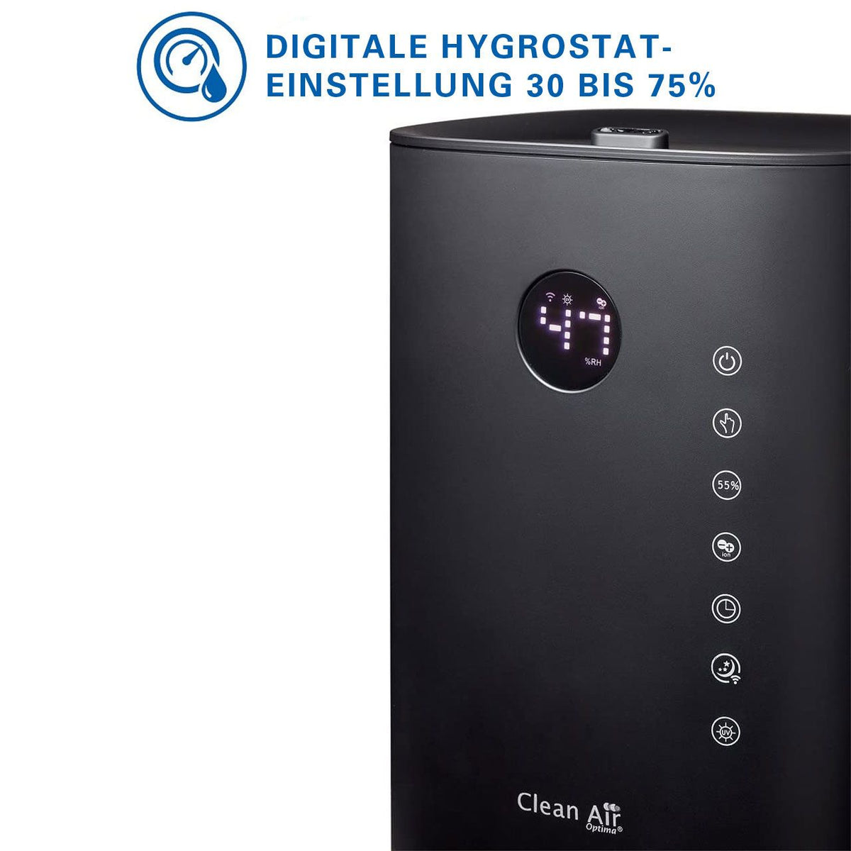 Nahaufnahme des Bedienfelds des Clean Air Optima CA-604 Luftbefeuchters in Schwarz mit digitalem Hygrostat-Display