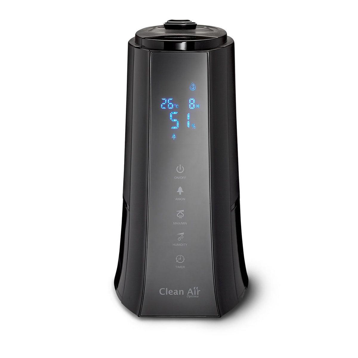 Clean Air Optima CA-603 Luftbefeuchter in Schwarz mit Display für Temperatur und Luftfeuchtigkeit, Frontalansicht