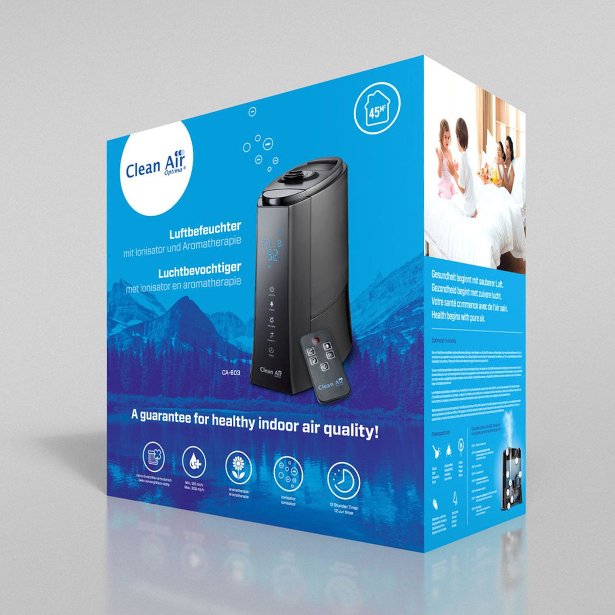 Verpackung des Clean Air Optima CA-603 Luftbefeuchters mit Fernbedienung und Symbolgrafiken, schwarz