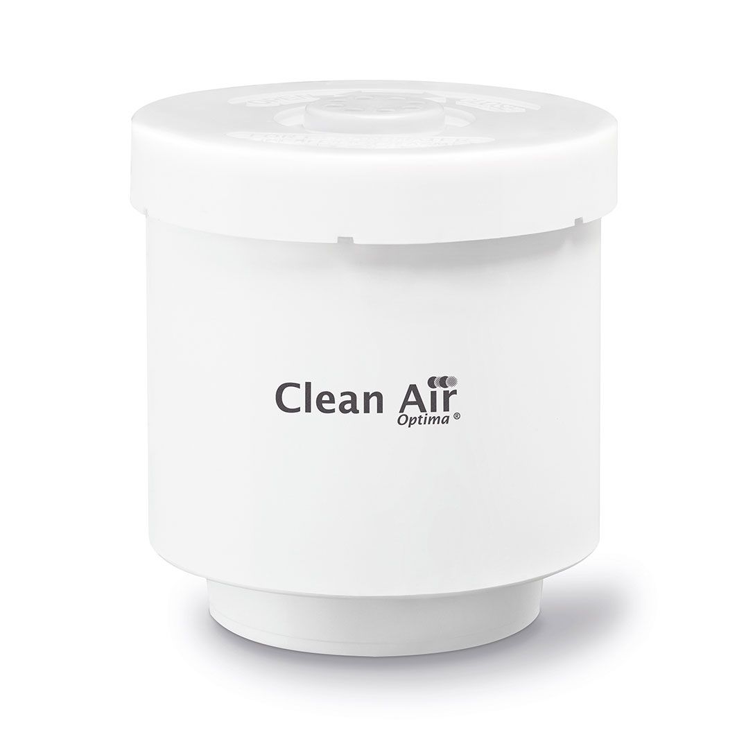 Clean Air Optima Wasserfilter W-01-W in weiß, zylindrische Kartusche mit Logo, Frontalansicht