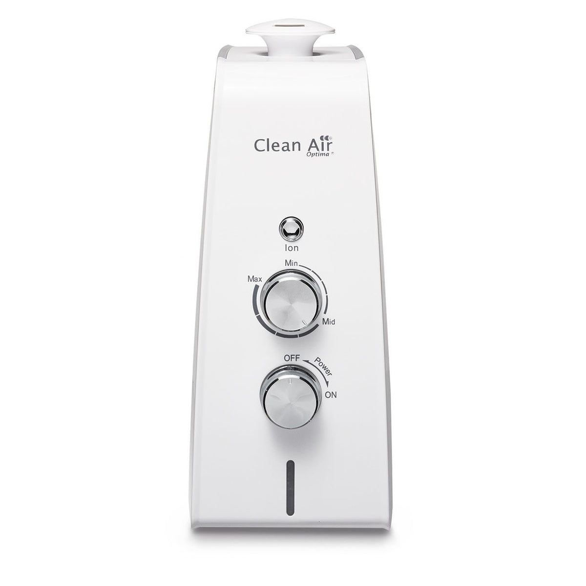 Clean Air Optima CA-602 Luftbefeuchter in Weiß, Frontalansicht mit Ion-Taste und Reglern für Nebelmenge und Power