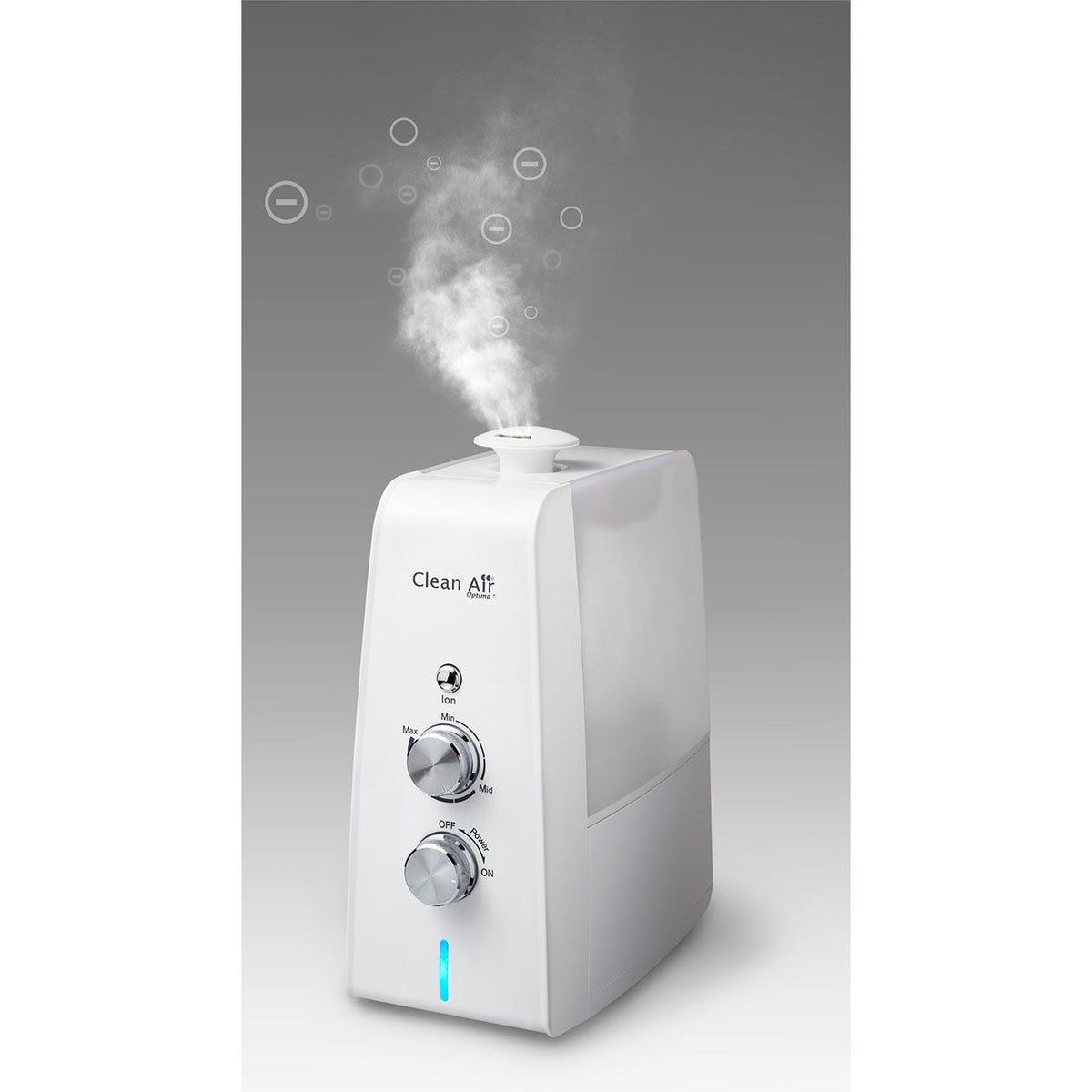 Clean Air Optima CA-602 Luftbefeuchter in Weiß mit aufsteigendem Wasserdampf und Ionen-Symbolen
