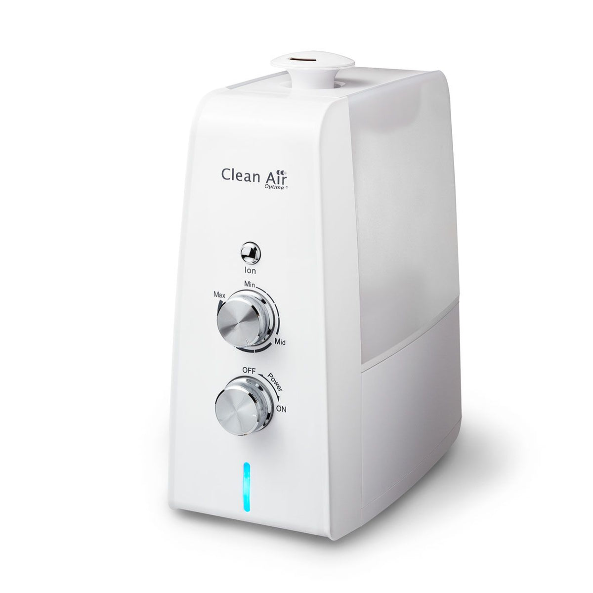 Clean Air Optima CA-602 Luftbefeuchter in Weiß, Schrägansicht mit Ion- und Leistungsregler