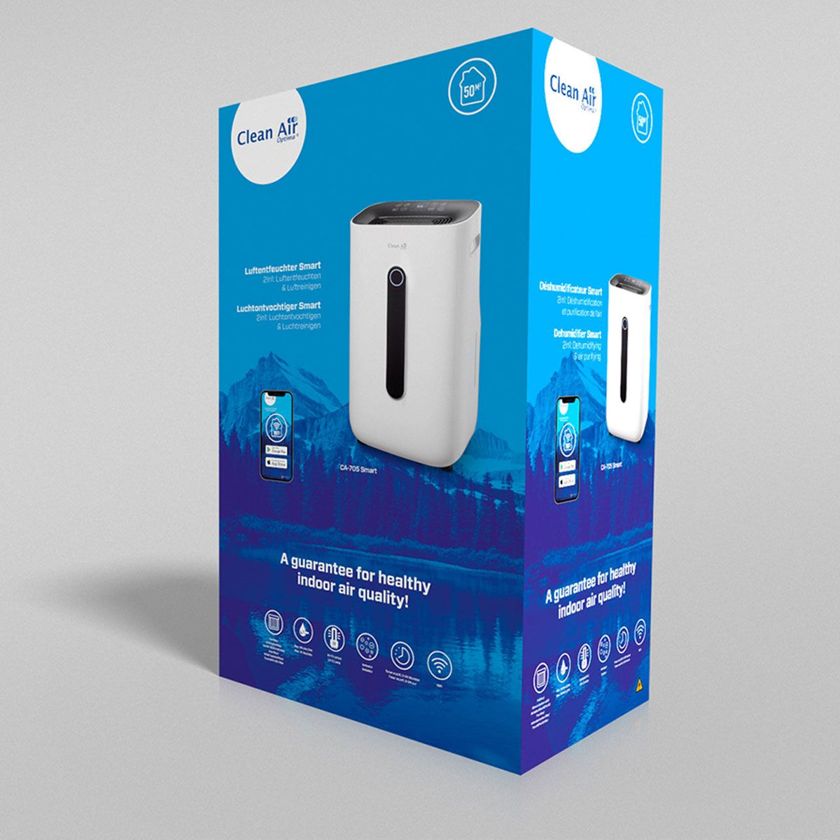Verpackung des Clean Air Optima® CA-705 Smart Luftentfeuchters in Weiß, blaues Design