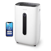 Clean Air Optima CA-706 Smart Luftentfeuchter in Weiß mit Bedienfeld, daneben Smartphone mit App