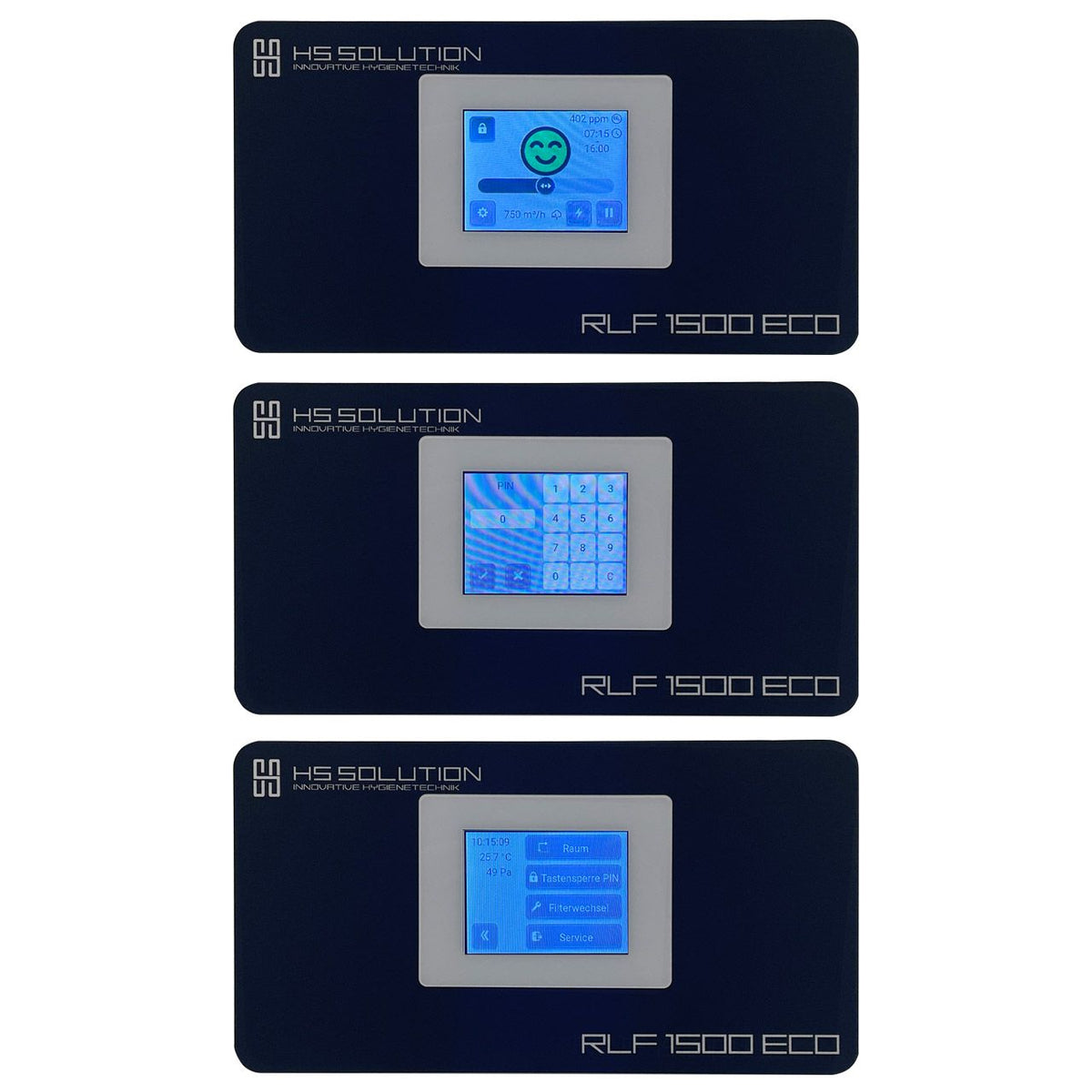 HS Solution RLF 1500 ECO Bedienfeld, drei Displayansichten: Statusanzeige, PIN-Tastenfeld, Menü