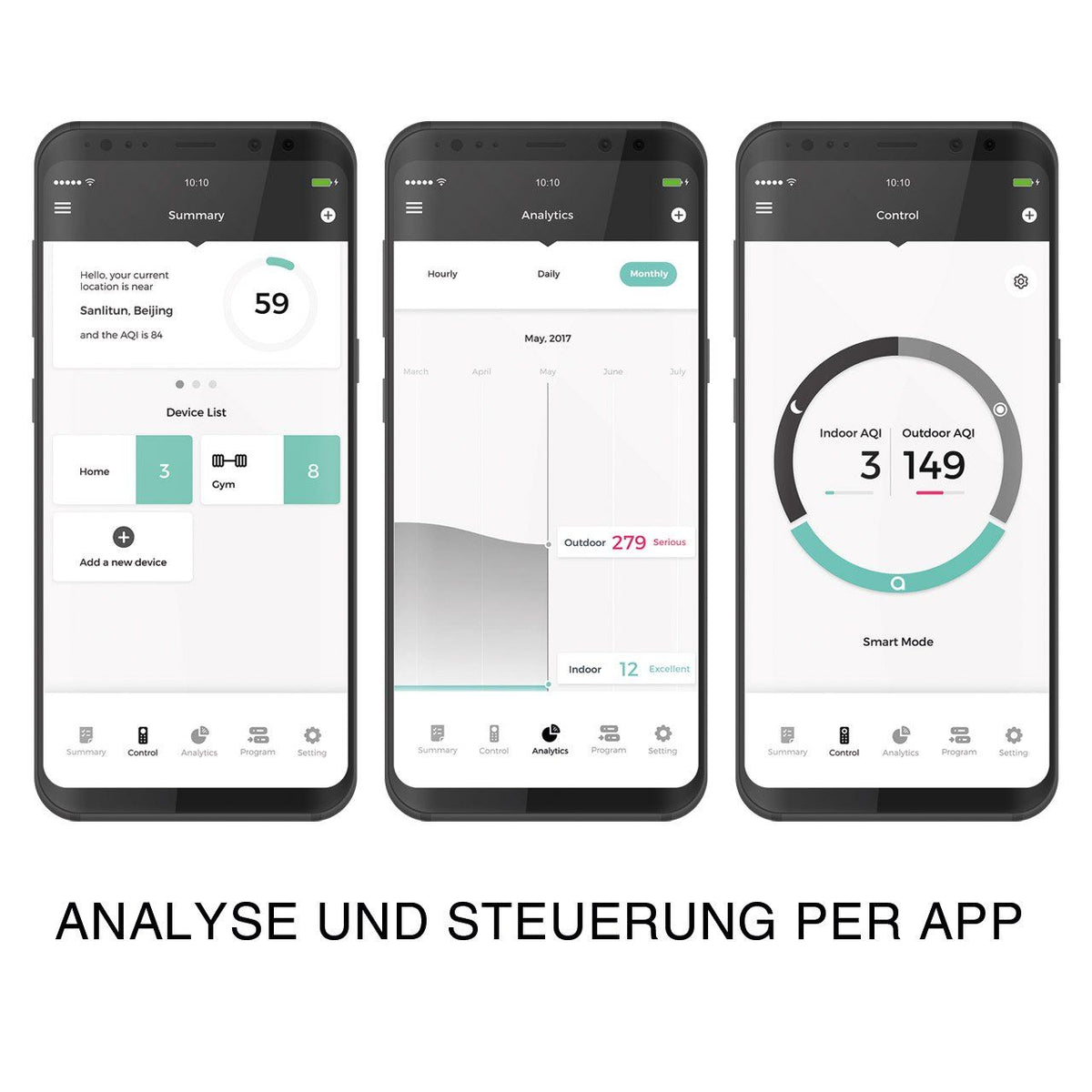 Drei Smartphones zeigen die Aeris-App mit Luftqualitäts-Übersicht, Analyse-Diagramm und Innen-/Außen-AQI-Steuerung