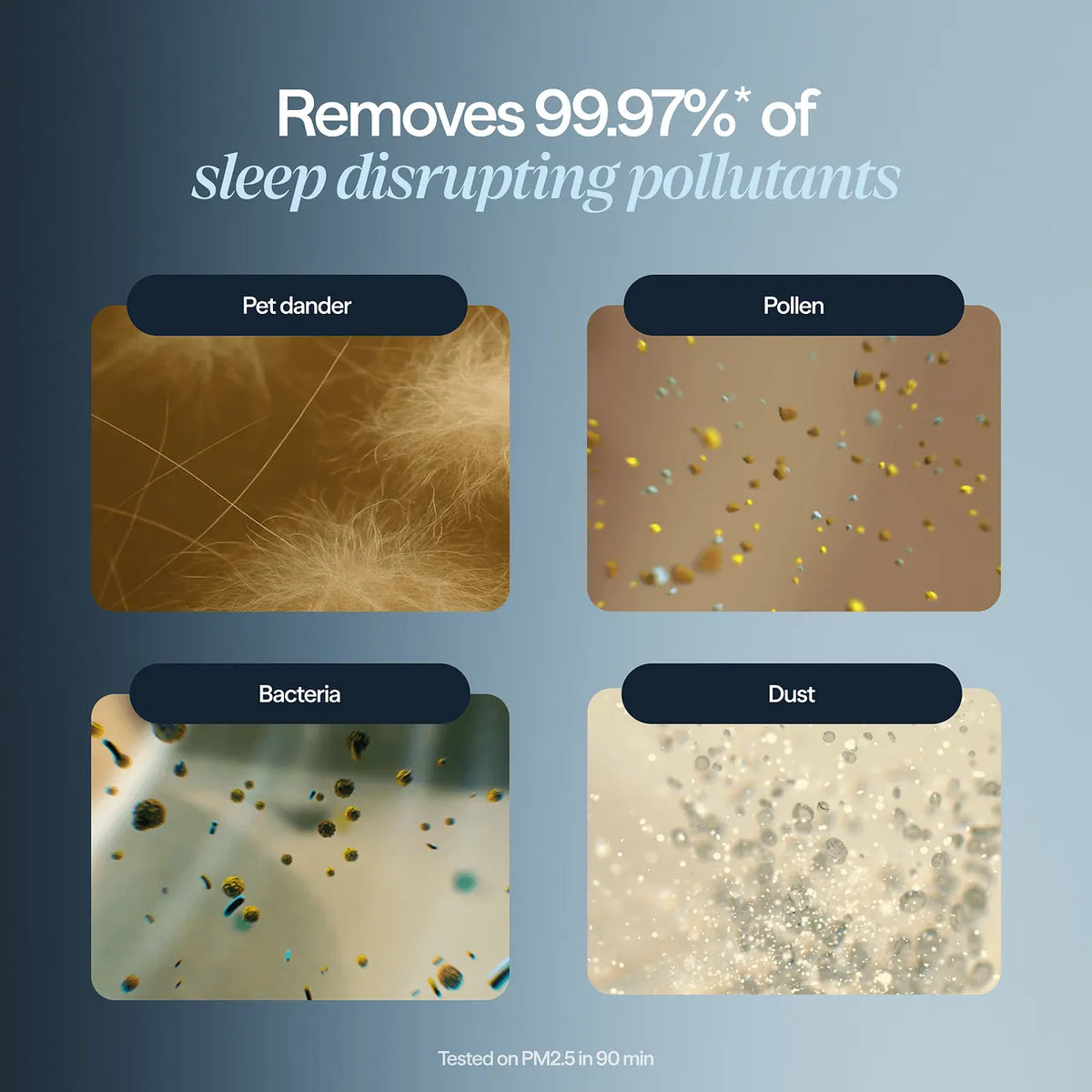 Grafik zu Blueair Mini Restful Ersatzfilter: entfernt 99,97 % von Tierhaaren, Pollen, Bakterien und Staub