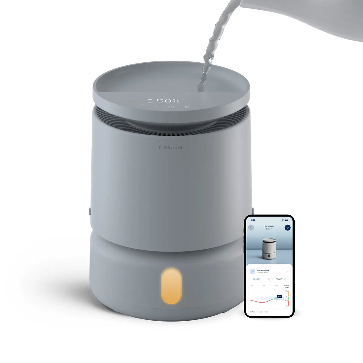 Blueair DreamWell H38i Luftbefeuchter in Grau, Kanne gießt Wasser ein, Smartphone mit App daneben