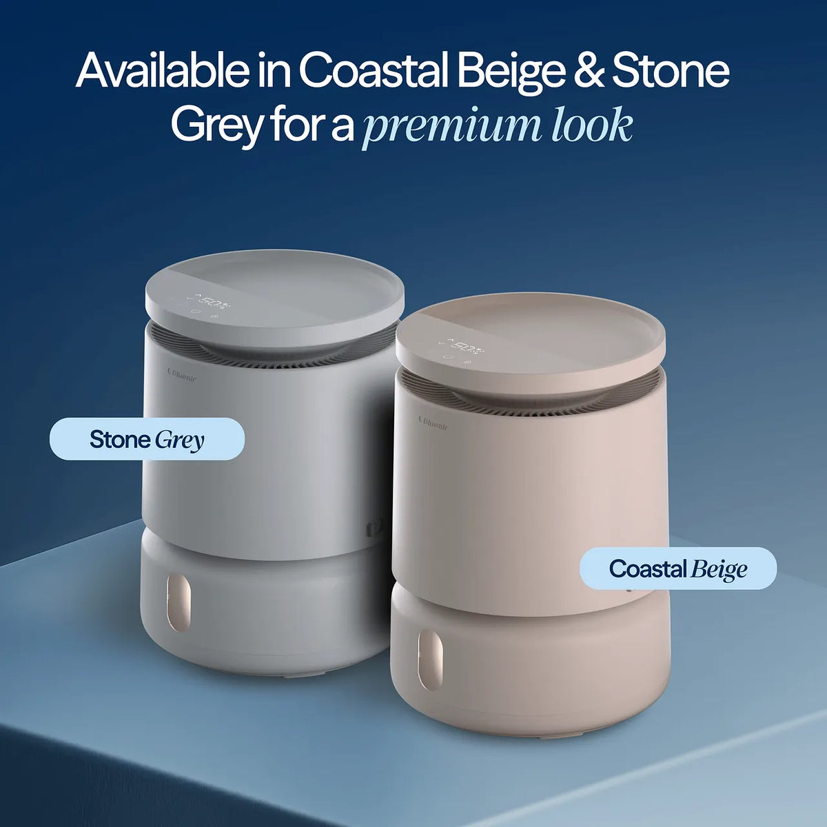 Blueair DreamWell H38i Luftbefeuchter in den Farben „Stone Grey“ und „Coastal Beige“ nebeneinander